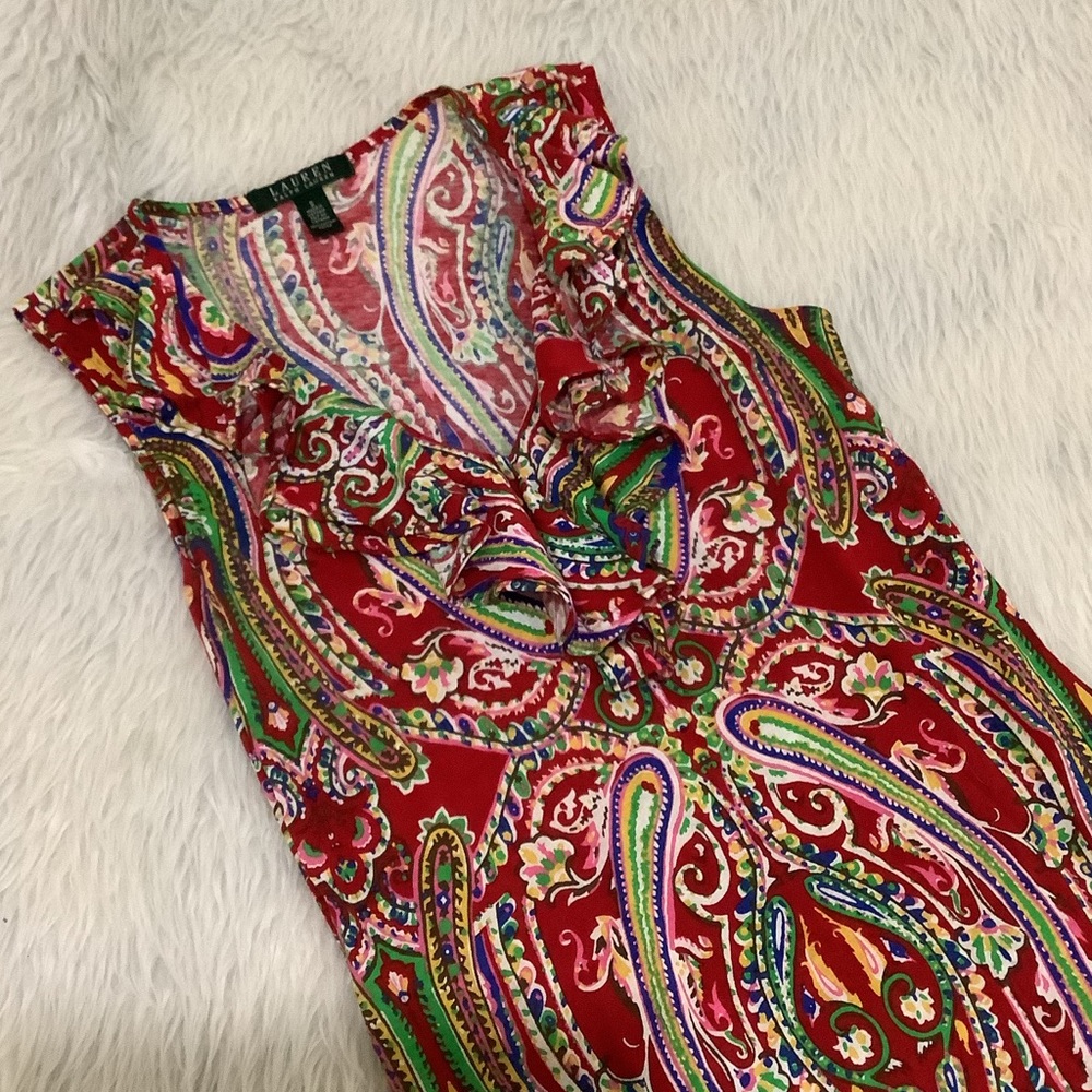 Lauren Ralph Lauren women’s red paisley sleeveless ruffle summer knit dress S - Picture 2 of 9